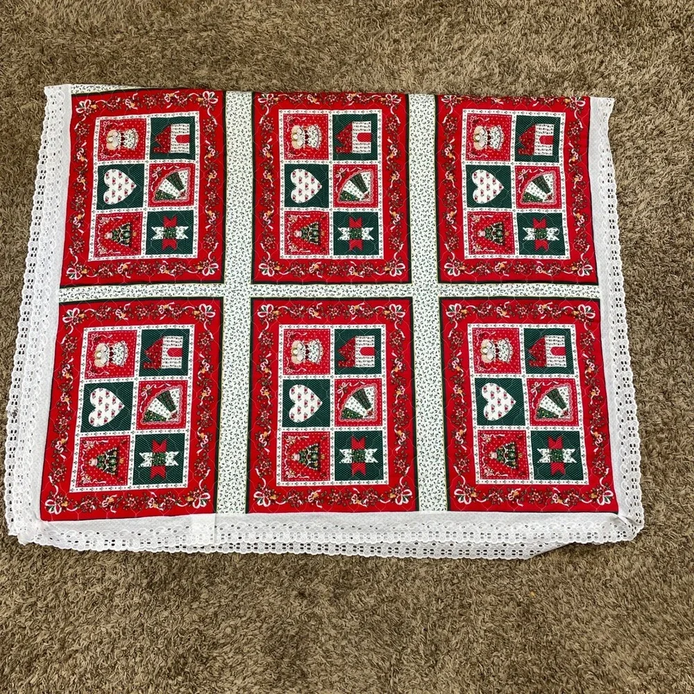 Handmade Christmas Lace Trim Quilt Holiday Decor Red Green‎ White Angels 73x45